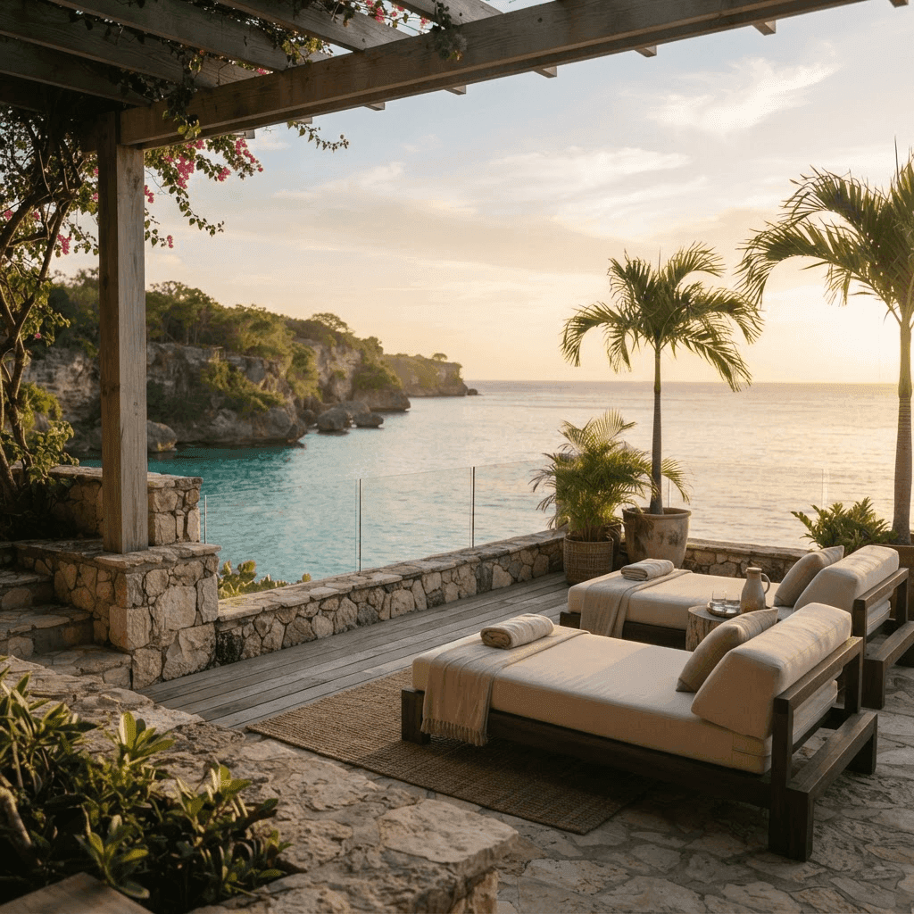A private oceanfront villa terrace in Negril, Jamaica at golden hour, the setting for an Afterlight psilocybin retreat