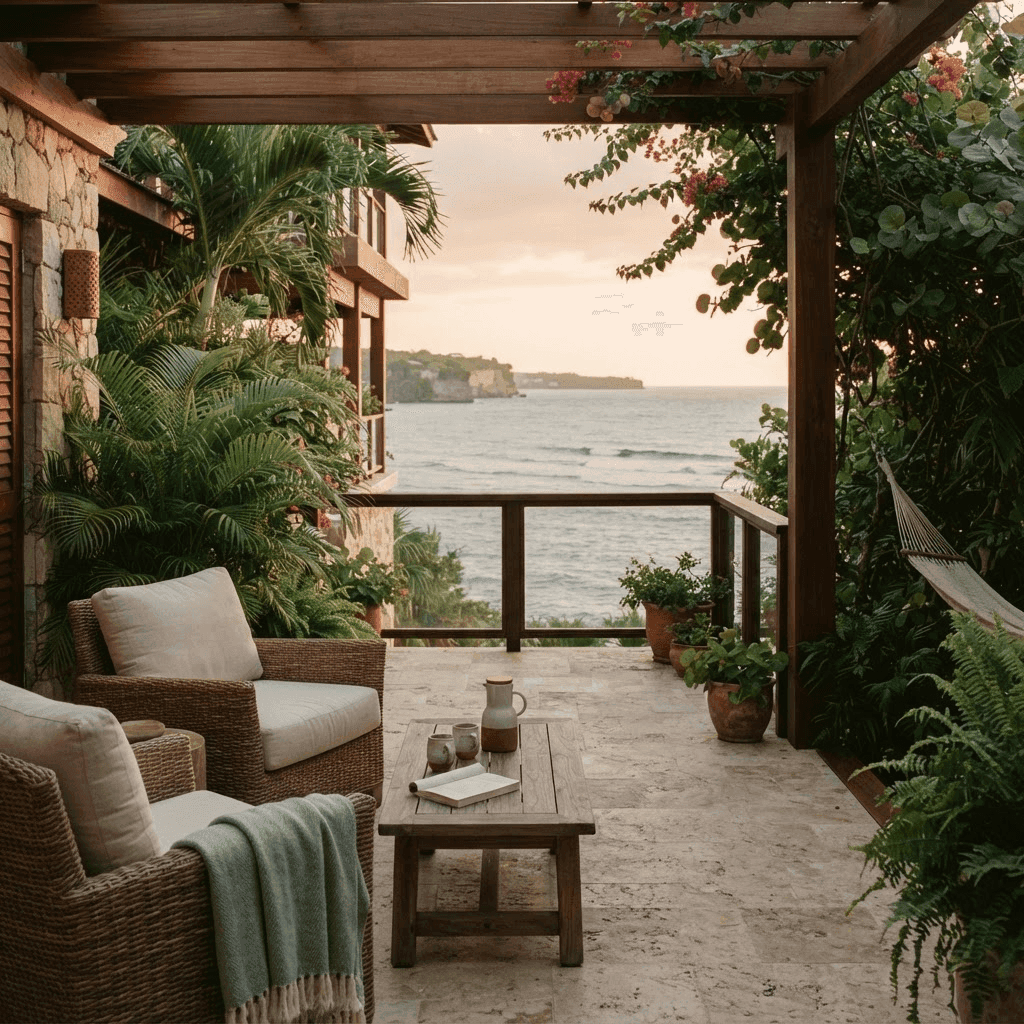 A calm private villa terrace in Negril, Jamaica at golden hour, the setting for a clinical magic mushroom retreat