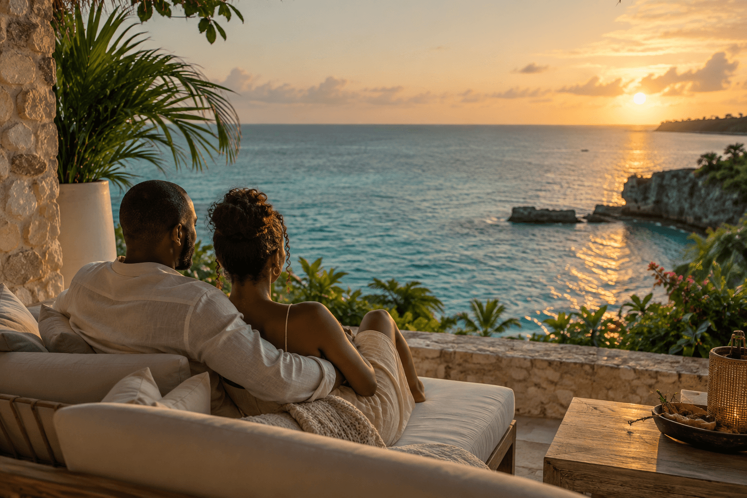 A couple sitting closely together on a calm private terrace overlooking the Caribbean sea at golden hour in Negril, Jamaica