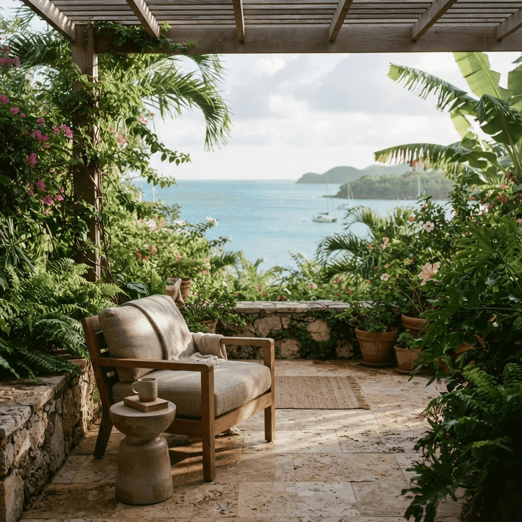 A tranquil Caribbean garden terrace in soft morning light, evoking calm and relief from anxiety