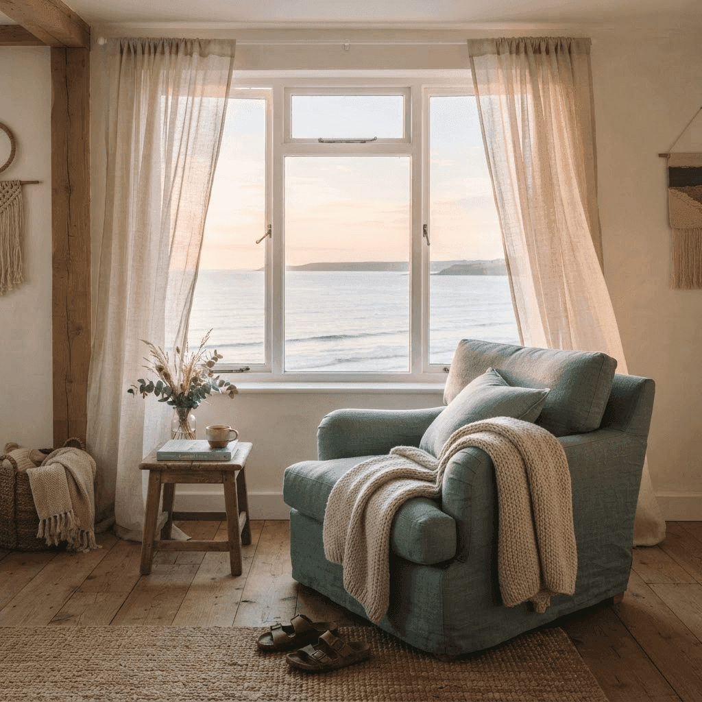 A calm, light-filled coastal room at dawn with an armchair facing the sea, evoking hope and recovery from depression