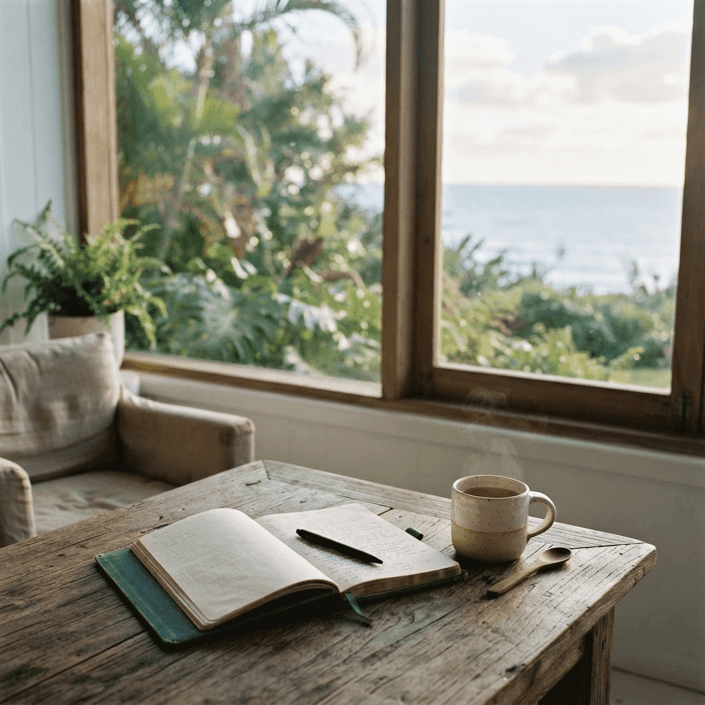 A journal and a cup of tea beside a sunlit window, representing psychedelic integration and reflection after therapy