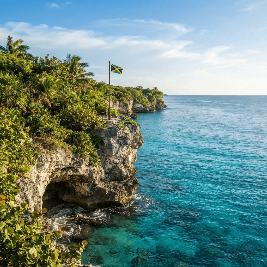 The Jamaican flag flying above the limestone cliffs of Negril's West End over brilliant turquoise Caribbean water