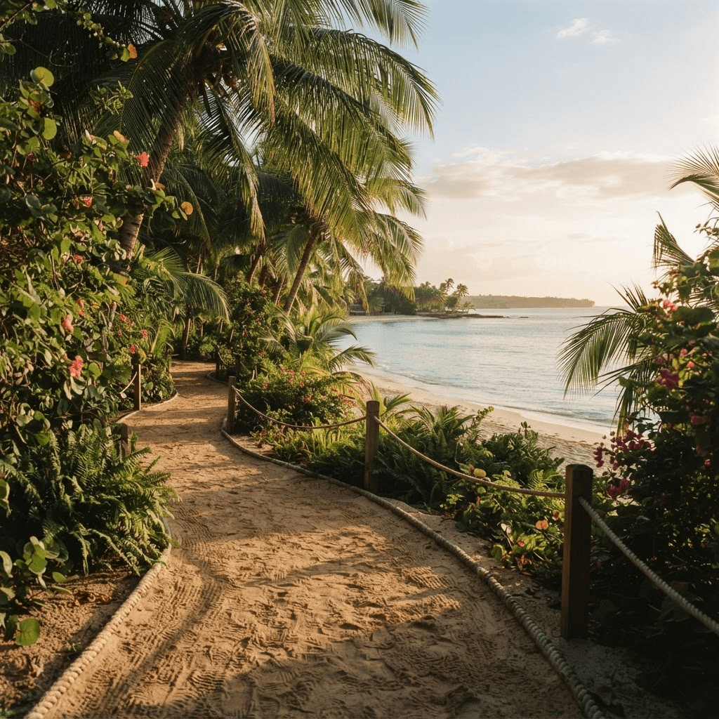 A quiet sandy path winding through palms toward a calm turquoise beach in Negril, Jamaica